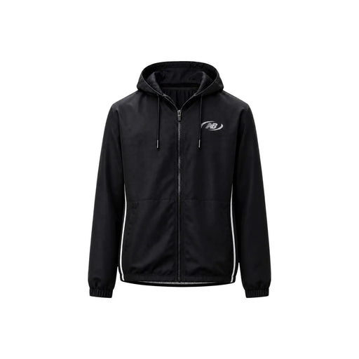 New balance Blazer à capuche noir en polyester pour homme, avec bandes latérales blanches et logo discret sur la poitrine (vue de face).