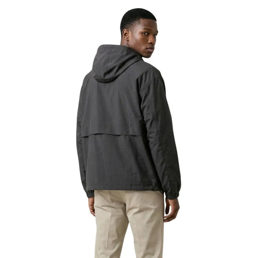 New Balance men blazer black nylon hooded zip jacket with dark gray sleek design and subtle seam detailing