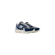 New Balance men grey leather suede sneakers featuring navy blue and white 990v3 mesh and suede upper with cream sole