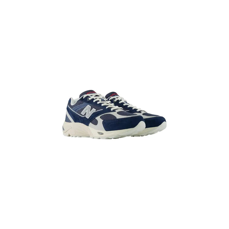 New Balance men grey leather suede sneakers featuring navy blue and white 990v3 mesh and suede upper with cream sole