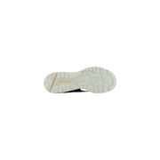 New Balance men grey leather suede sneakers featuring a white rubber sole with a textured tread and skechers gold logo