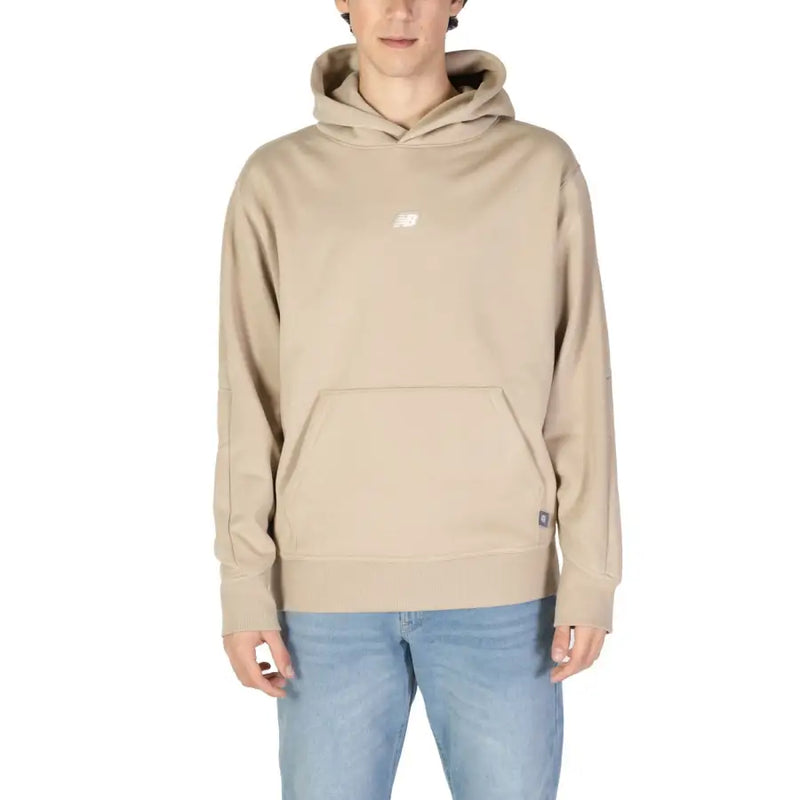 Men’s beige hooded sweatshirt with front pouch pocket from New Balance featuring a turtleneck style