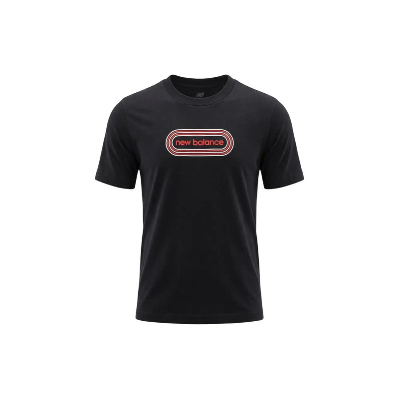 Black new balance men t-shirt with red and white outlined logo on the chest, made from comfortable fabric