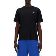 New Balance men black short-sleeved t-shirt with small white logo on chest made from breathable fabric
