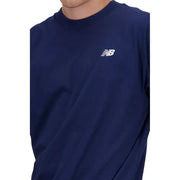 Navy blue New Balance men crew neck t-shirt with white embroidered logo on left chest for casual wear