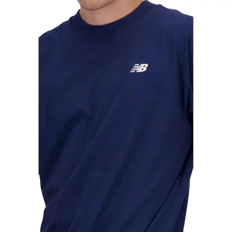 Navy blue New Balance men crew neck t-shirt with white embroidered logo on left chest for casual wear