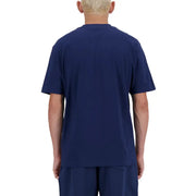 New Balance men t-shirt in navy blue featuring short sleeves and a comfortable cotton blend fabric