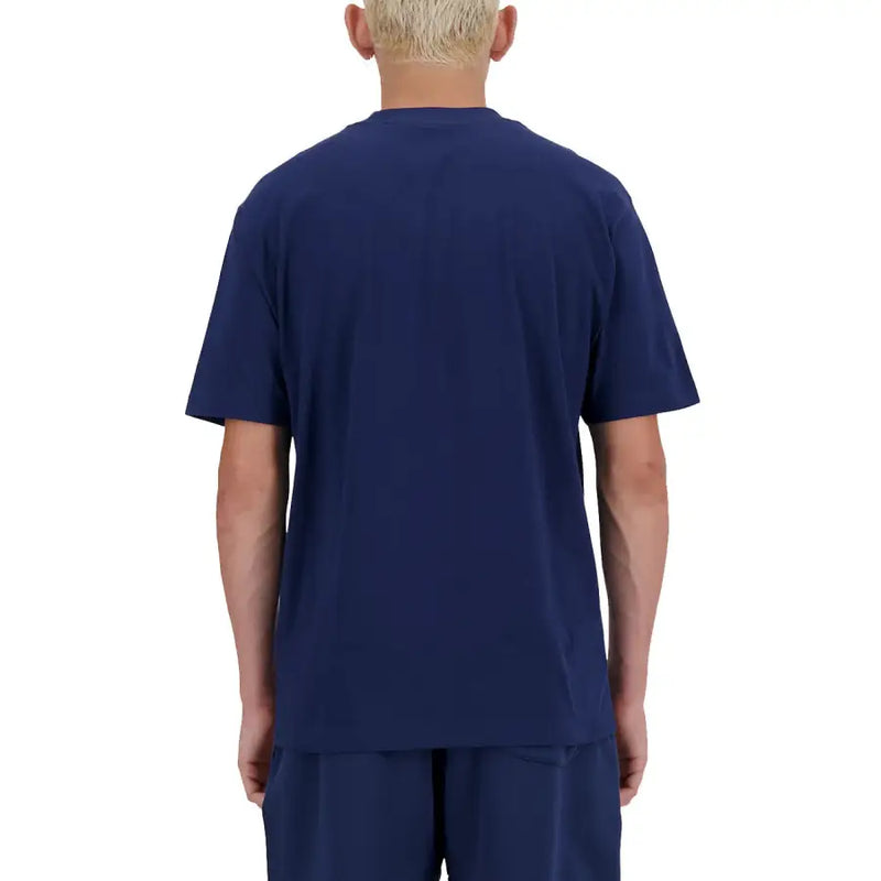 New Balance men t-shirt in navy blue featuring short sleeves and a comfortable cotton blend fabric