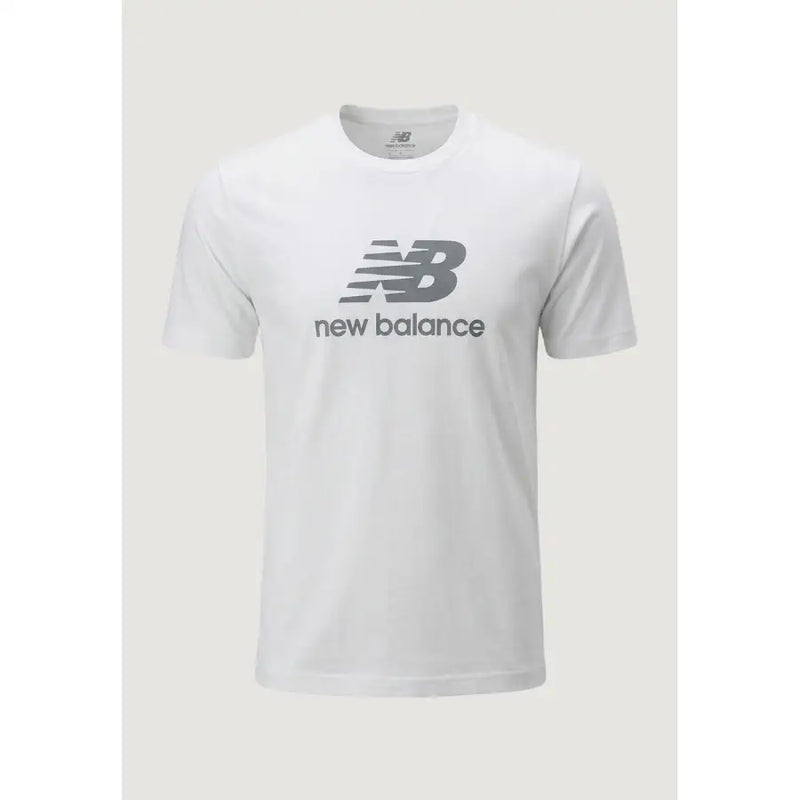 New Balance men t-shirt in white featuring a gray logo and text on the chest for casual wear