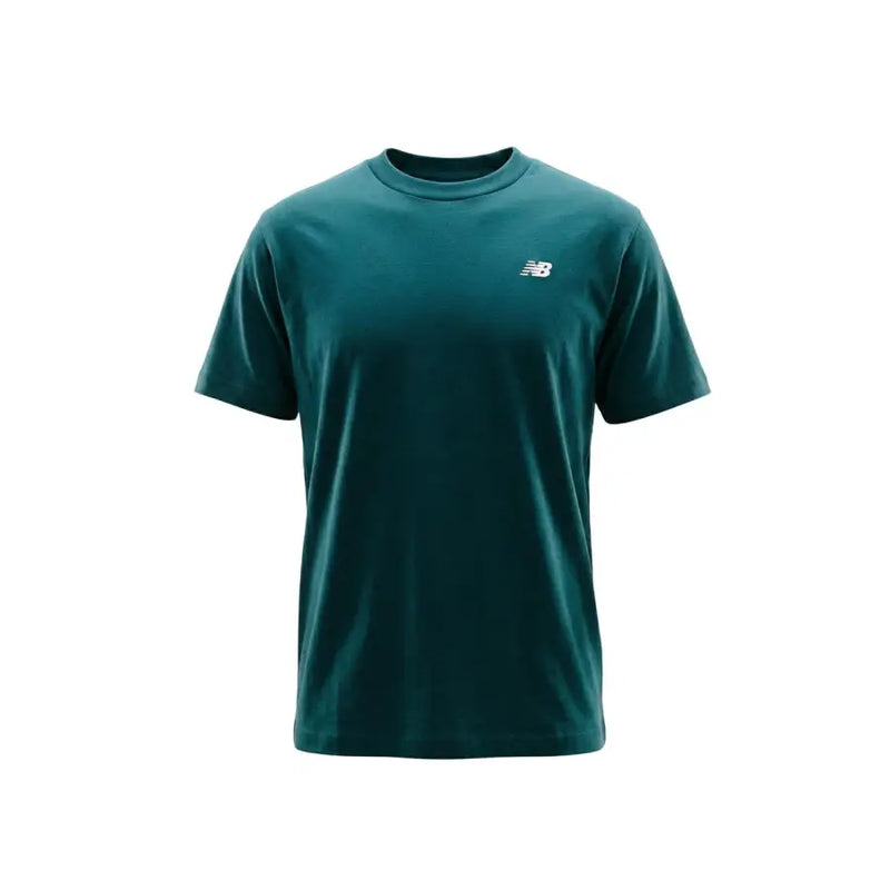 New Balance men t shirt green cotton short sleeve crew neck in dark teal with small white logo on left chest