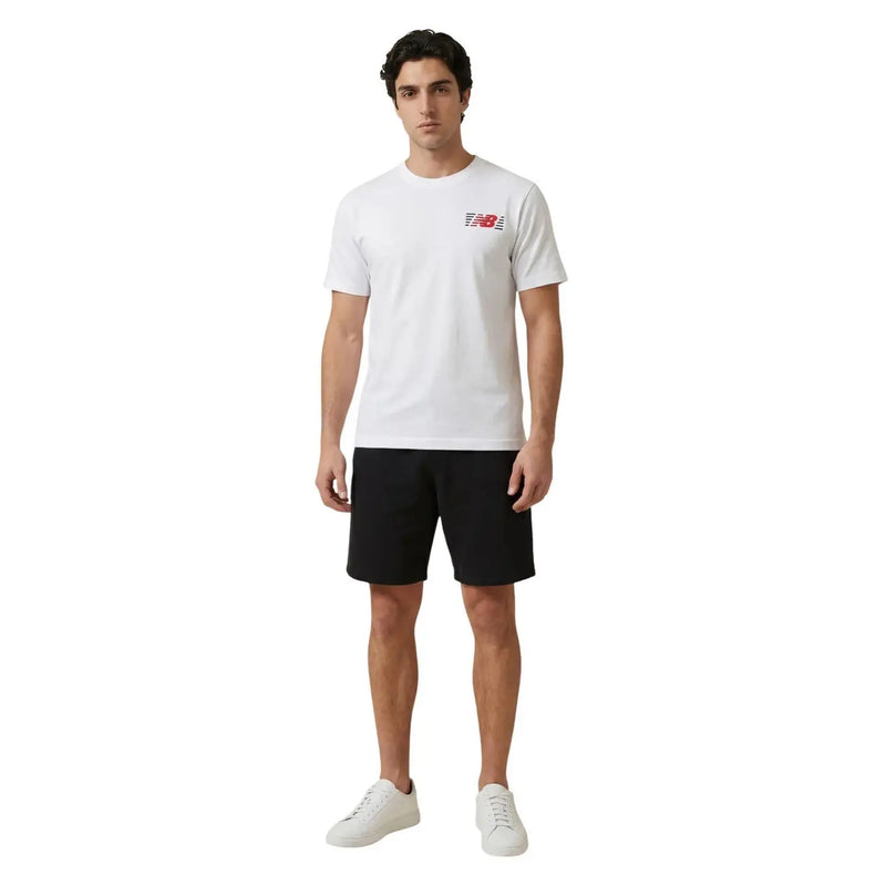 White new balance men t-shirt with red and black logo on left chest suitable for casual wear