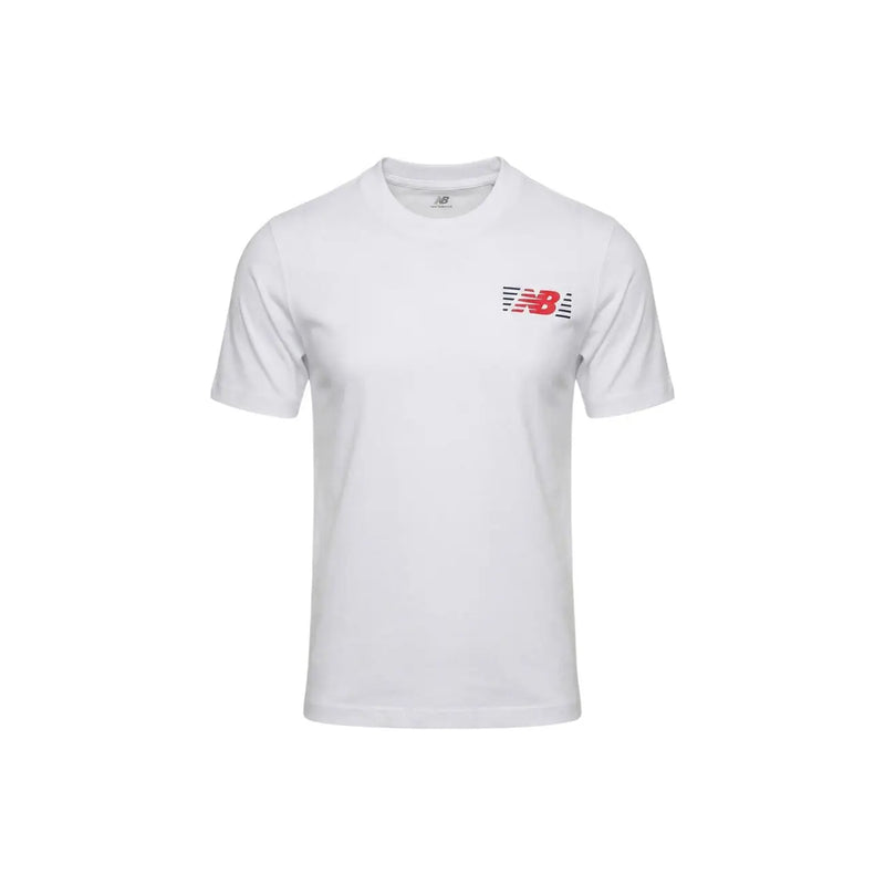 New Balance men t-shirt in white with a red and black logo on the left chest for casual wear