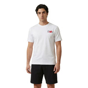 New Balance men t-shirt in white featuring a red and black logo on the chest made from breathable fabric