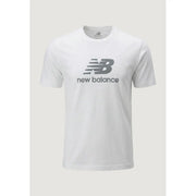 New Balance men t-shirt in white featuring a gray logo and text on the chest for casual wear