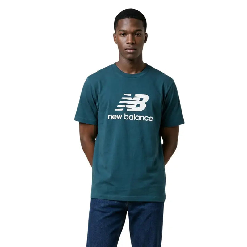 New balance men t shirt in teal cotton with white logo and lettering featuring a round neck print mt41502 design
