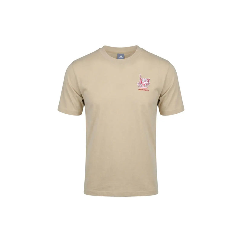 Beige New Balance men t-shirt with a small red cartoon graphic on the left chest, casual cotton material