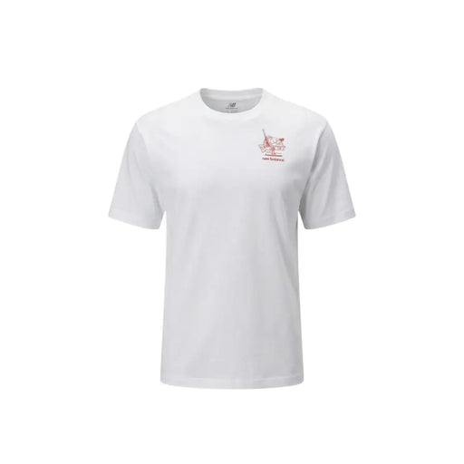 New Balance men t-shirt in white featuring a subtle red vintage radio graphic on the left chest