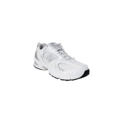 New Balance women grey faux leather sneakers with white running shoe design silver accents and mesh upper