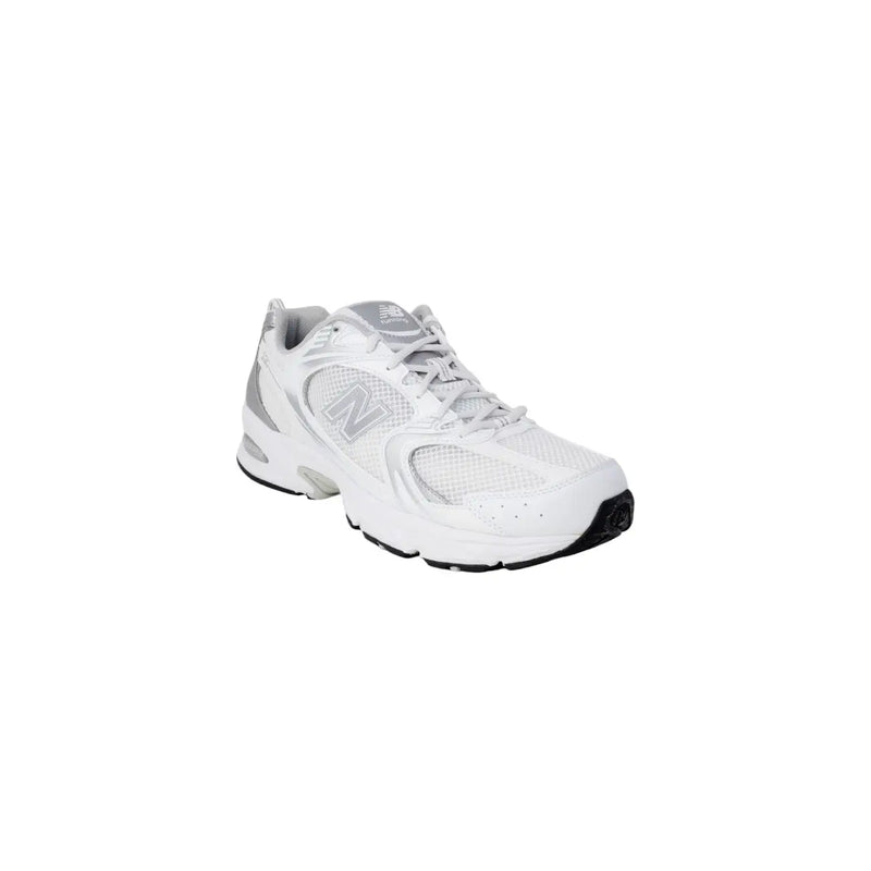 New Balance women grey faux leather sneakers with white running shoe design silver accents and mesh upper