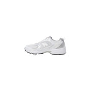 New Balance women grey faux leather sneakers with white and silver mesh upper and rubber sole