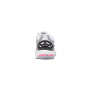 New balance women grey slip on textile skate sneaker showing back side with white and pink colors and black mesh heel detailing