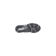 New Balance women grey synthetic sneakers with gray and silver running shoe design, textured rubber sole, and cushioning midsole