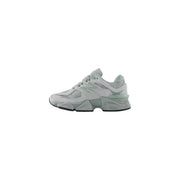 New Balance Women leather sneakers grey slip featuring gray 990v5 mesh and synthetic overlays with translucent green midsole accent