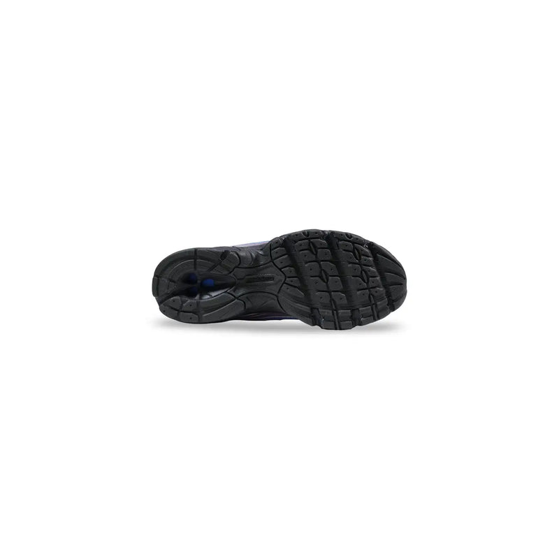 Backside view of new balance women lilac synthetic sneakers featuring black rubber sole with textured tread and blue accent