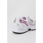 New Balance women pink synthetic sneakers with white and pink mesh upper silver accents and cushioned sole