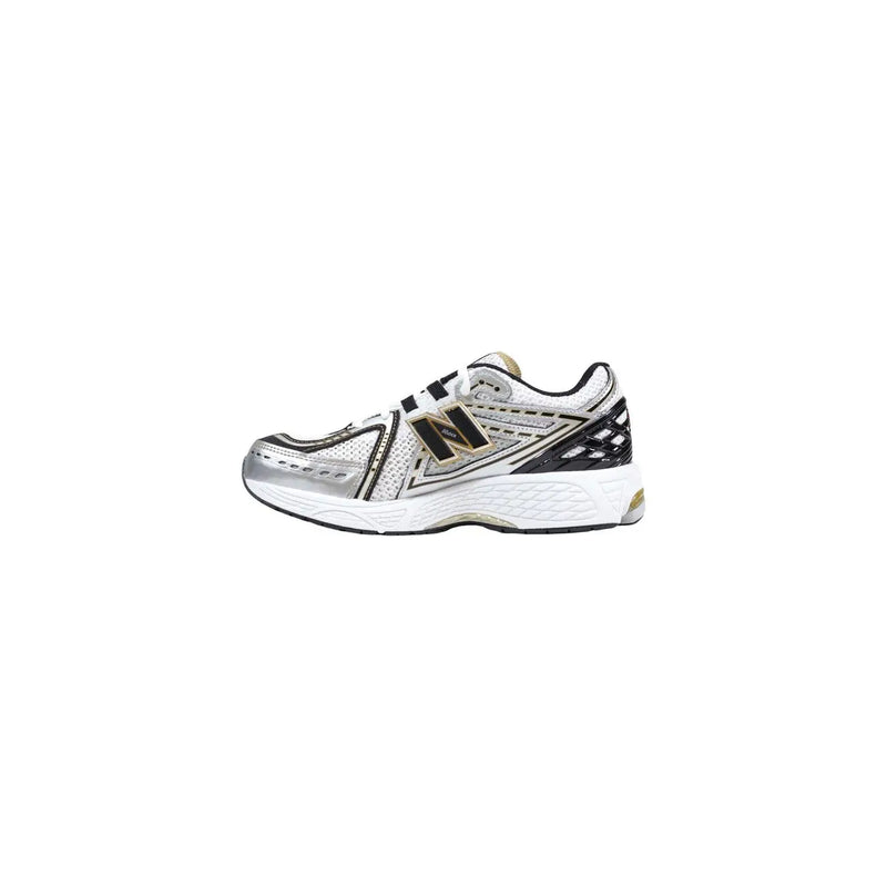 New Balance women silver synthetic sneakers with mesh upper, black and gold accents, and white midsole running shoes
