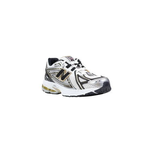 New Balance women silver synthetic sneakers with white and silver design, black accents, and gold-trimmed logo