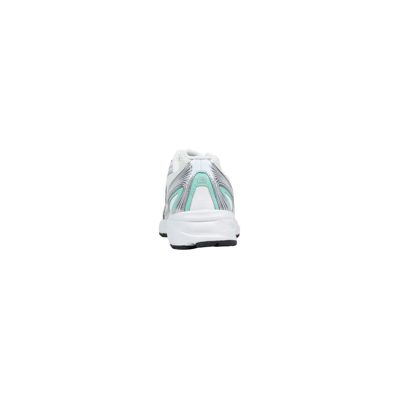 New Balance women silver synthetic sneaker in white and mint green with silver mesh accents for athletic use