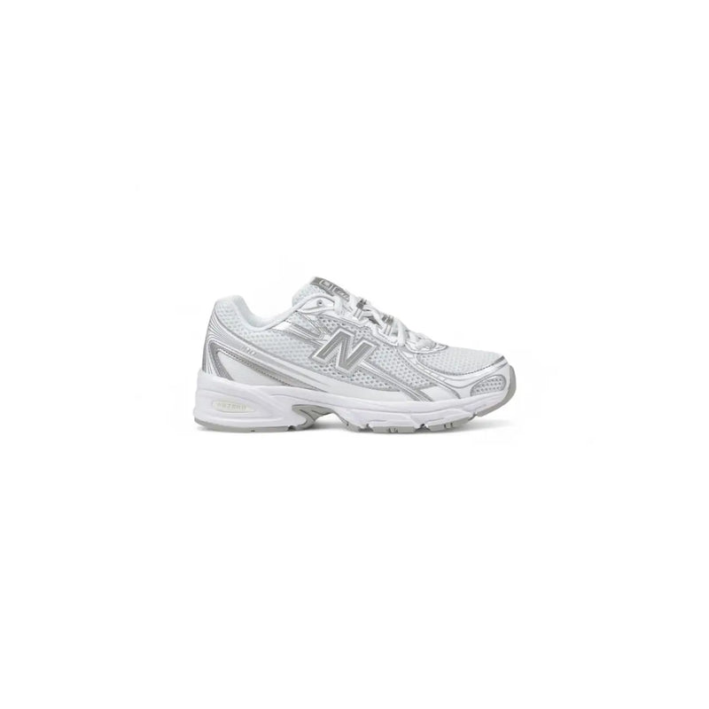 New balance women white faux leather sport sneakers with white and silver mesh upper and rubber sole for running