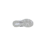 New balance women white synthetic sneakers with white rubber sole featuring textured geometric tread and translucent midsole detail