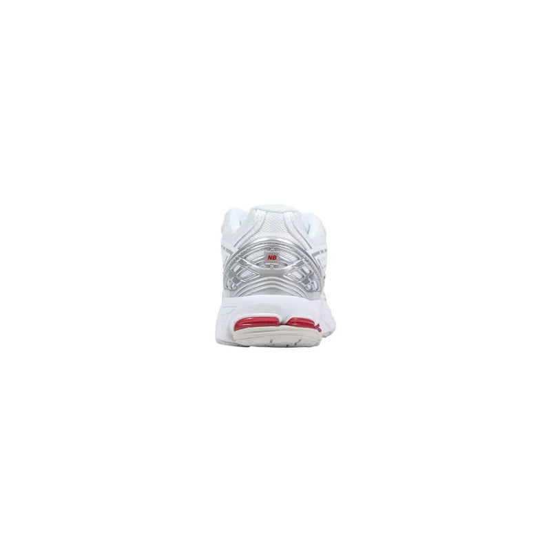 New Balance women white synthetic sneakers with silver accents and a red air unit in the heel for running
