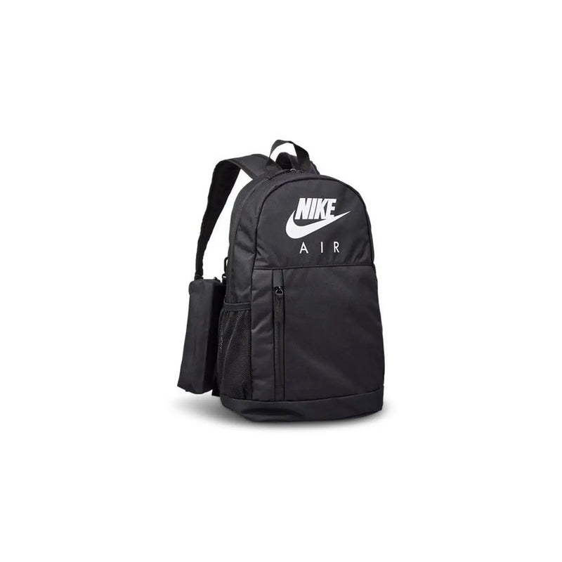 Nike backpack BA6032 for men in black with white logo and mesh side pocket, front view