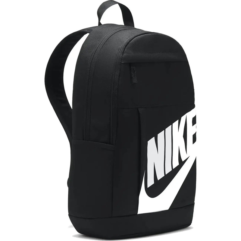 Nike backpack for men in black with bold white swoosh logo on the side, side view