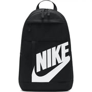 Nike backpack for men in black with bold white swoosh logo, front view