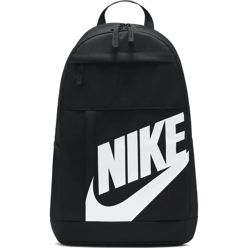 Nike backpack for men in black with bold white swoosh logo, front view