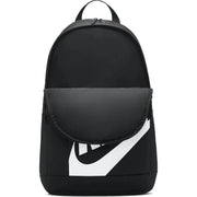 Nike backpack for men in black with bold white swoosh logo, front view