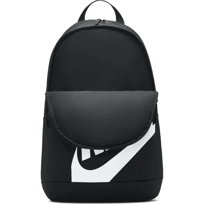 Nike backpack for men in black with bold white swoosh logo, front view