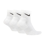 White nike dri-fit ankle socks with black swoosh logos featured in nike men all season white underwear collection
