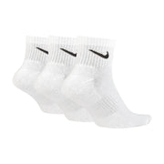 White nike dri-fit ankle socks with black swoosh logos featured in nike men all season white underwear collection