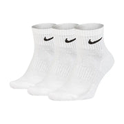 Three pairs of white Nike ankle socks displayed with Nike Men All Season White Underwear