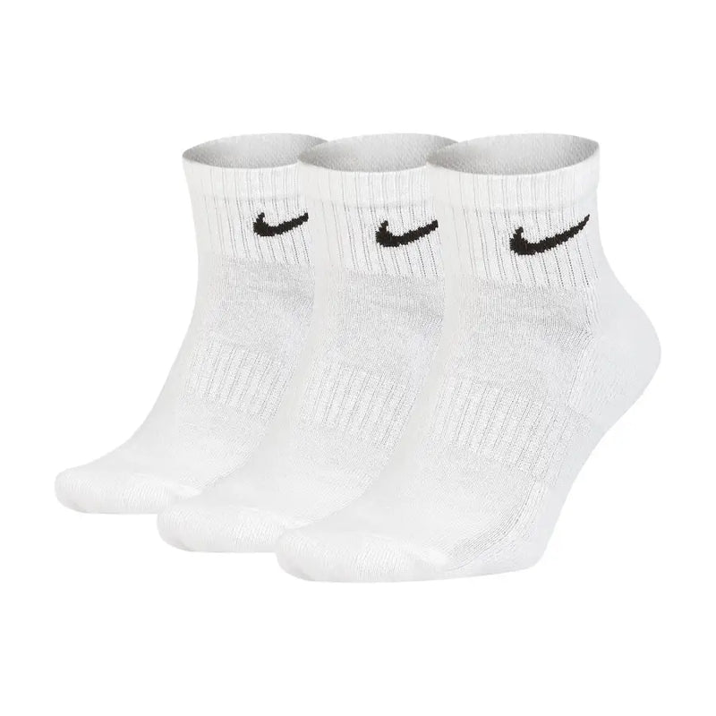 Three pairs of white Nike ankle socks displayed with Nike Men All Season White Underwear