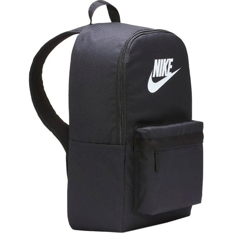 Black Nike men rucksack polyester backpack with white logo and front pocket measuring 28x46x12 centimeters