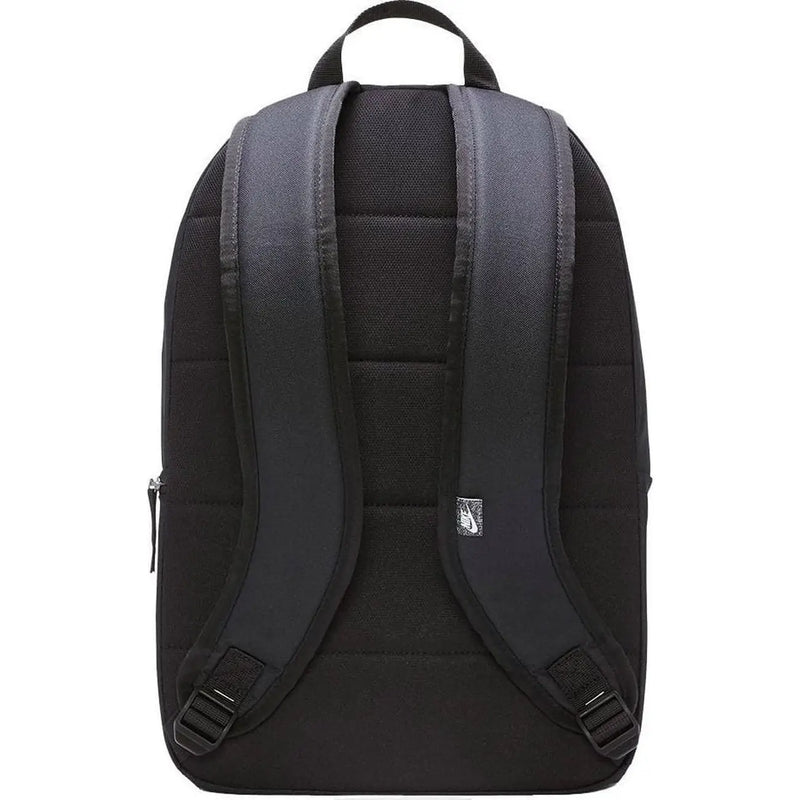 Nike men black rucksack made of polyester with padded shoulder straps and top handle shown from the back side