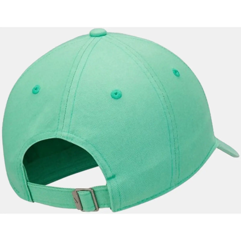 A mint green Nike men cap with green logo print cotton blend fabric strap and silver buckle adjustable closure