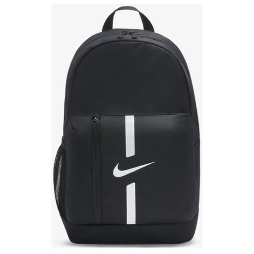 Nike men’s black cross body bag with white swoosh and vertical stripe featuring an outside pocket