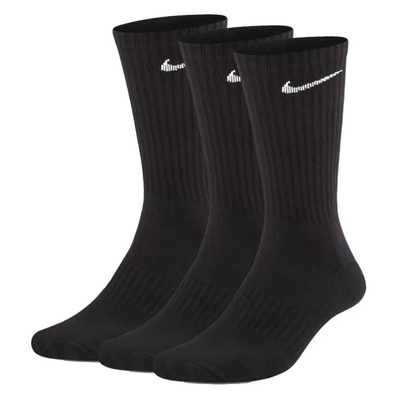 Nike men’s black cotton blend crew socks with white swoosh logo and ribbed texture for fall winter use